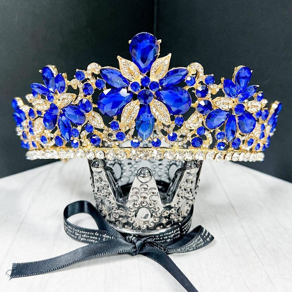 Blue Crystal Tiara, Bridal Wedding Crown, Gold Prom Tiara, Quinceanera Crown
